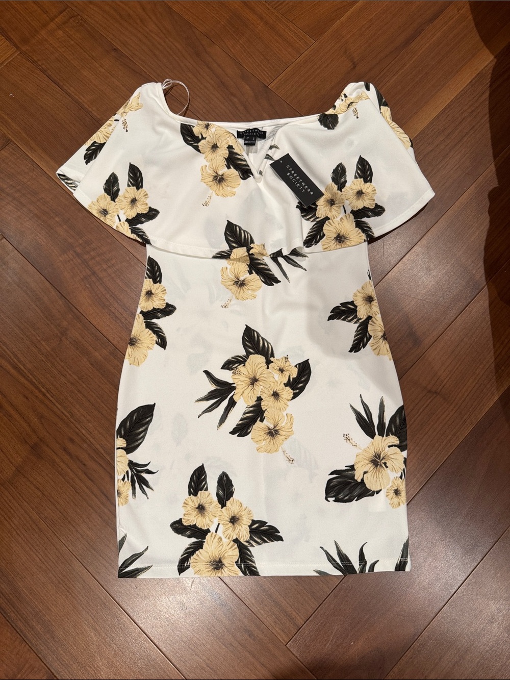 Off-Shoulder White Floral Mini Dress with Yellow Bloom